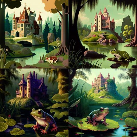 Midjourney Bild, Frosch, Schloss, Wald, Bach, wildpeppermint-design